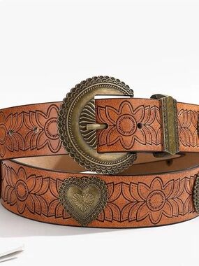 TRUE Women’s Tan Floral Tooled Leather Belt with Decorative Brass Buckle